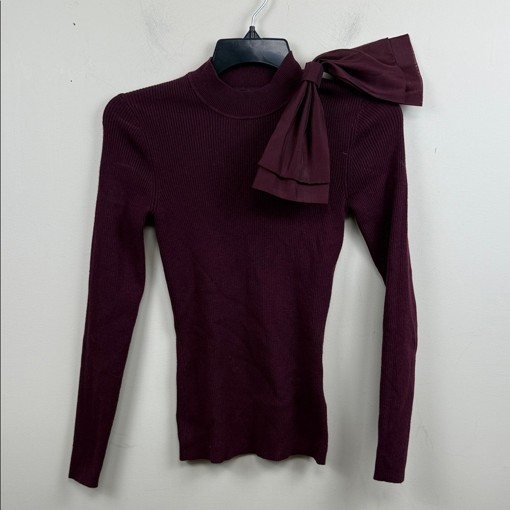 Ted Baker Plum Ribbed Mock Neck Sweater with Shoulder Bow - Picture 3 of 10